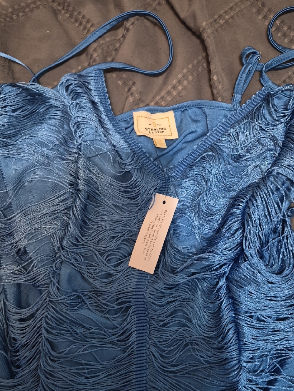 Sterling Stitch Blue Fringe Strappy Tank Top